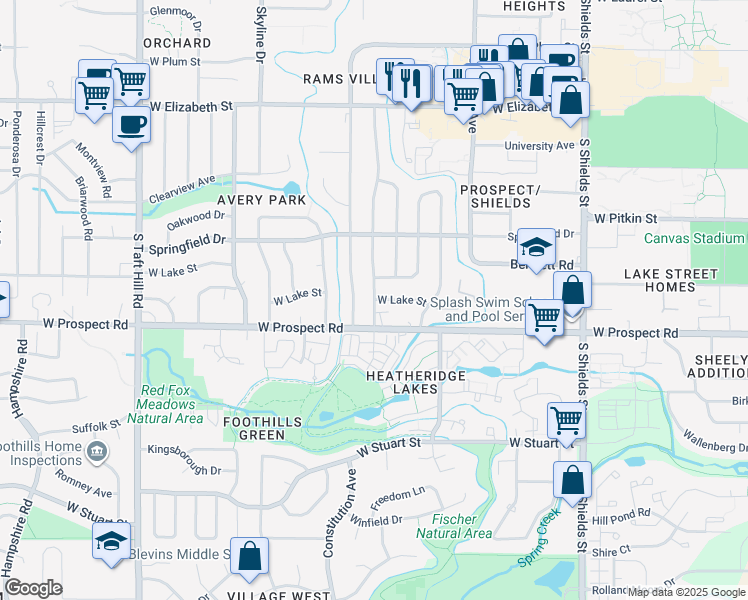 map of restaurants, bars, coffee shops, grocery stores, and more near West Lake Street in Fort Collins