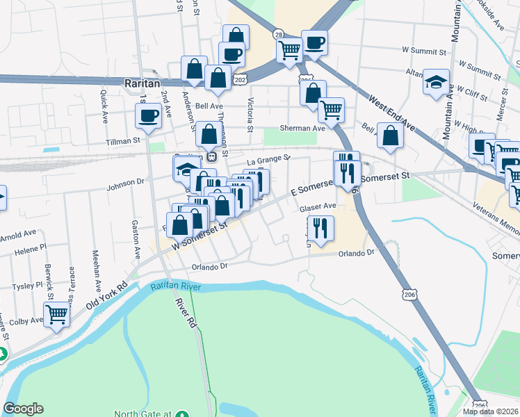 map of restaurants, bars, coffee shops, grocery stores, and more near 5 Codington Street in Raritan