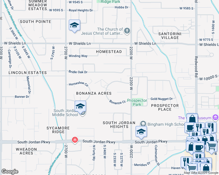 map of restaurants, bars, coffee shops, grocery stores, and more near 2375 Bonanza Way in South Jordan