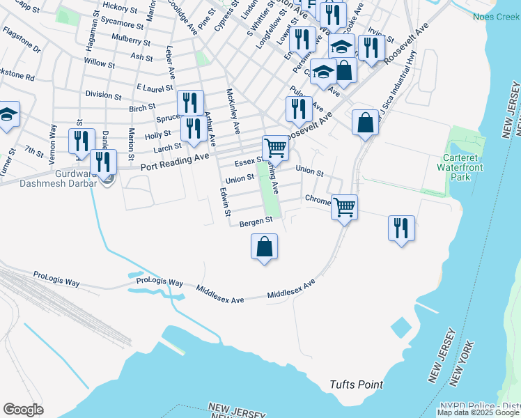 map of restaurants, bars, coffee shops, grocery stores, and more near 42 Mercer Street in Carteret