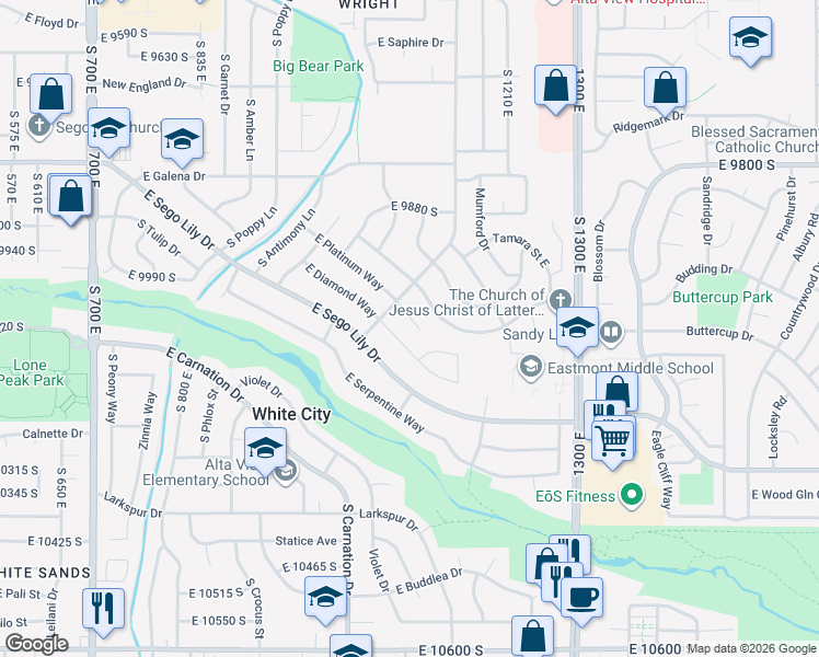 map of restaurants, bars, coffee shops, grocery stores, and more near 1092 East Platinum Way in Sandy