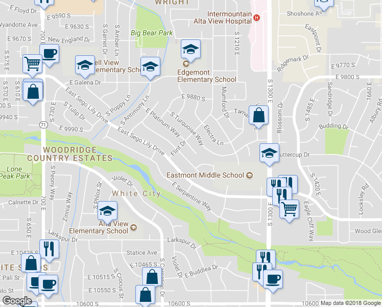 map of restaurants, bars, coffee shops, grocery stores, and more near 1092 East Platinum Way in Sandy