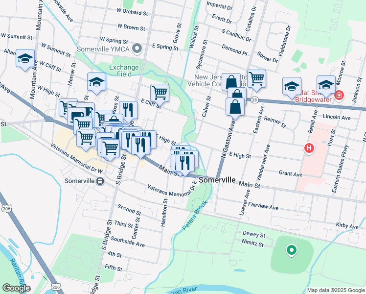 map of restaurants, bars, coffee shops, grocery stores, and more near 87 East High Street in Somerville