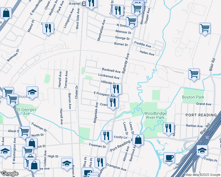map of restaurants, bars, coffee shops, grocery stores, and more near 100 Hillside Avenue in Woodbridge Township
