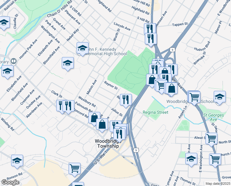 map of restaurants, bars, coffee shops, grocery stores, and more near 206 Raynor Street in Woodbridge Township