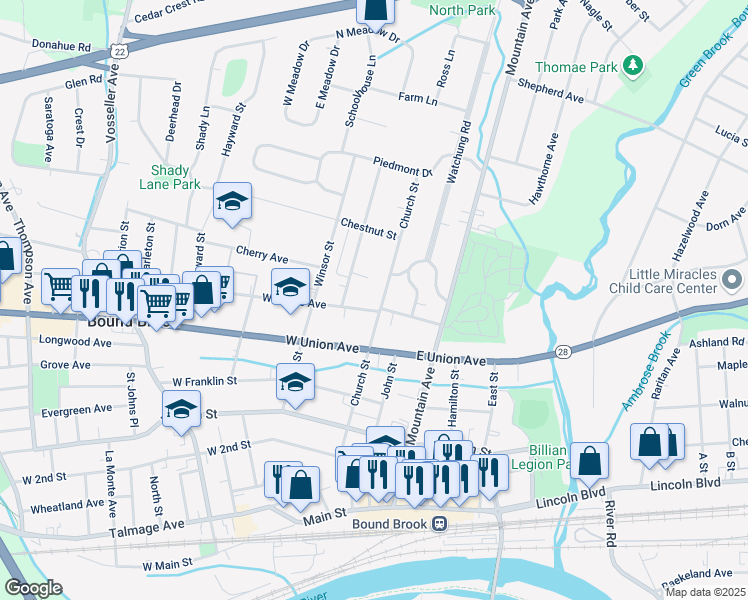 map of restaurants, bars, coffee shops, grocery stores, and more near 515 Church Street in Bound Brook