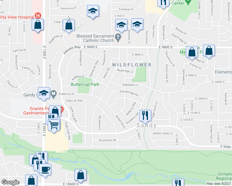 map of restaurants, bars, coffee shops, grocery stores, and more near 1714 Kimsbrough Road in Sandy