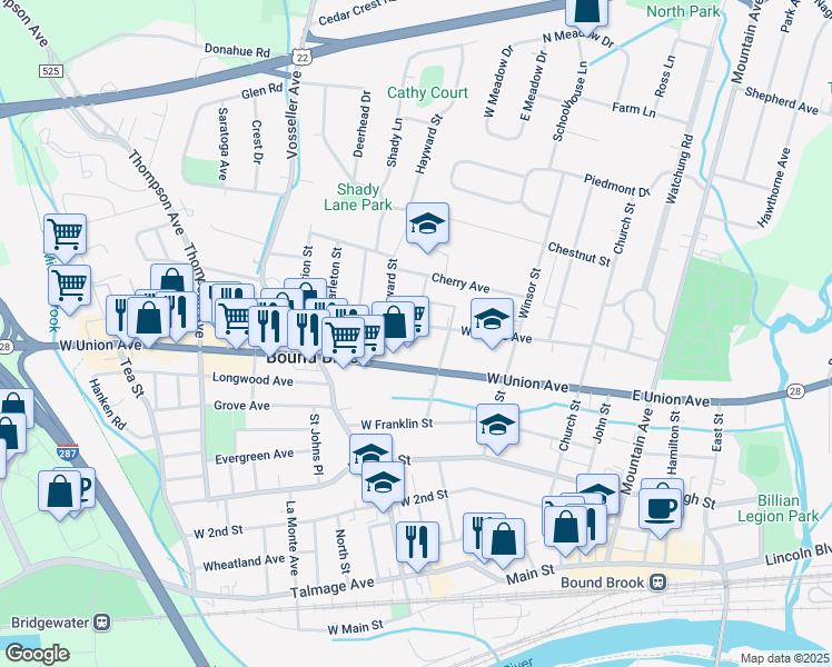 map of restaurants, bars, coffee shops, grocery stores, and more near 214 West Maple Avenue in Bound Brook