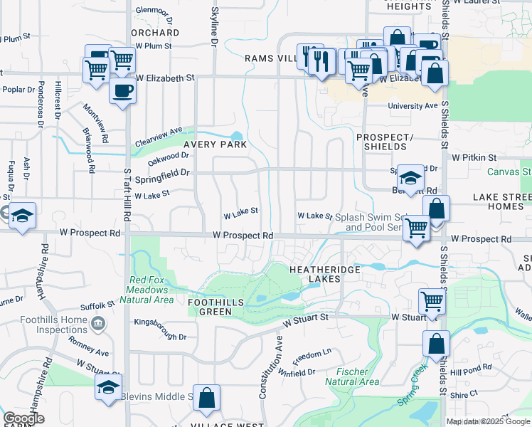 map of restaurants, bars, coffee shops, grocery stores, and more near 1405 Constitution Avenue in Fort Collins