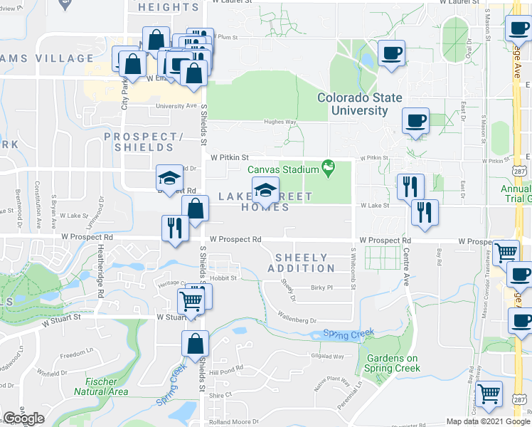 map of restaurants, bars, coffee shops, grocery stores, and more near 819 West Lake Street in Fort Collins