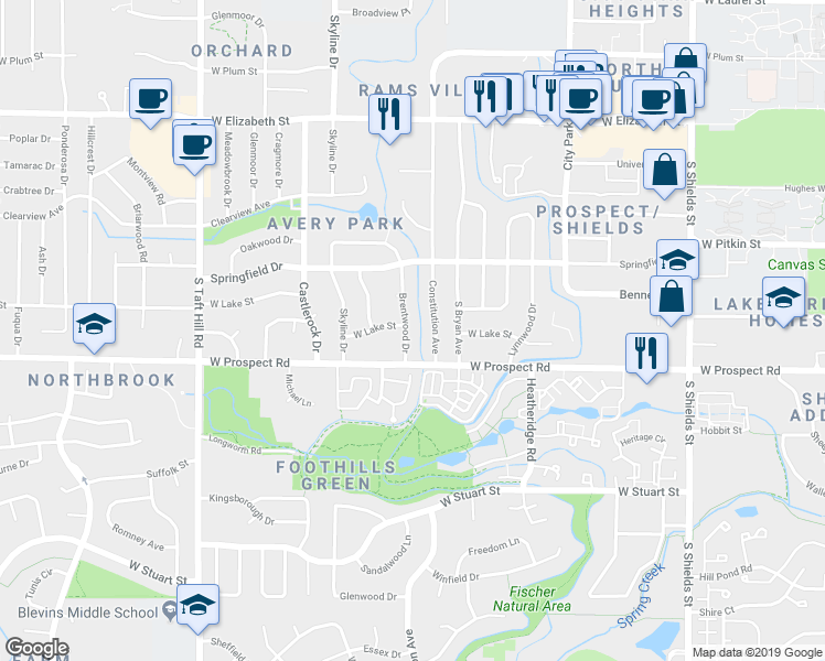 map of restaurants, bars, coffee shops, grocery stores, and more near 1405 Constitution Avenue in Fort Collins