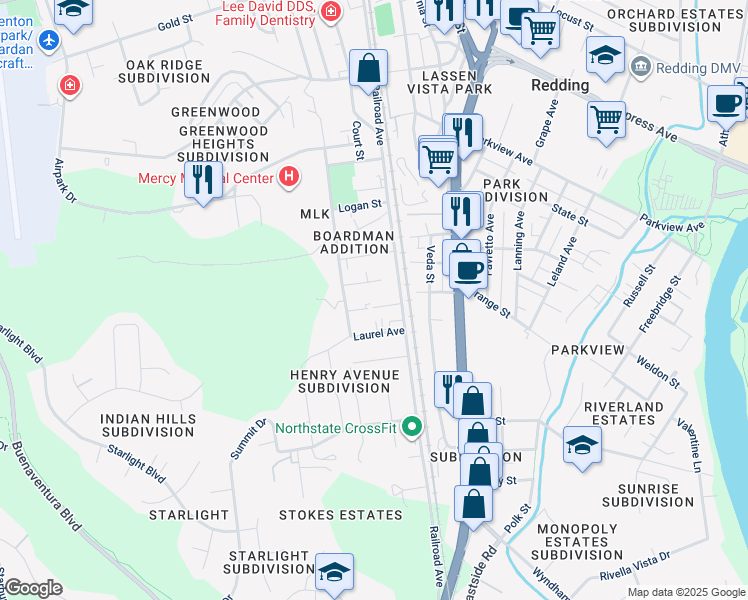map of restaurants, bars, coffee shops, grocery stores, and more near 1701 Roanoke Avenue in Redding