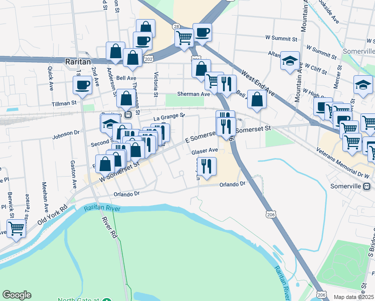 map of restaurants, bars, coffee shops, grocery stores, and more near in Raritan
