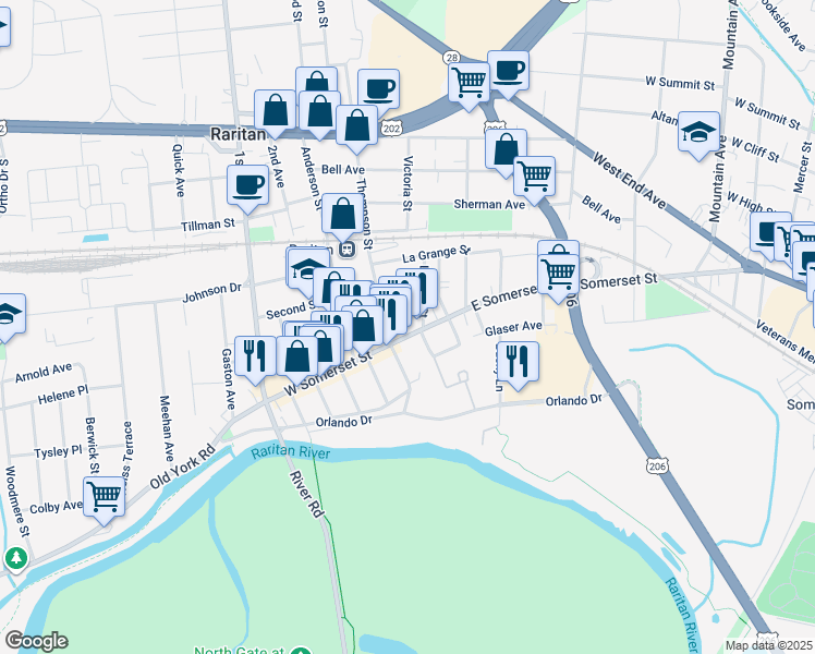 map of restaurants, bars, coffee shops, grocery stores, and more near in Raritan