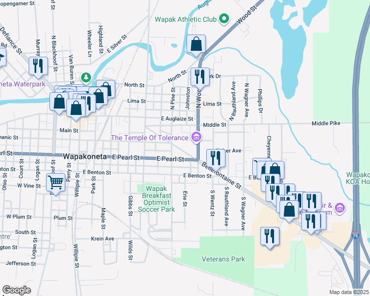 map of restaurants, bars, coffee shops, grocery stores, and more near 113 South Wood Street in Wapakoneta