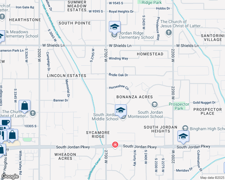 map of restaurants, bars, coffee shops, grocery stores, and more near 2667 Horseshoe Circle in South Jordan