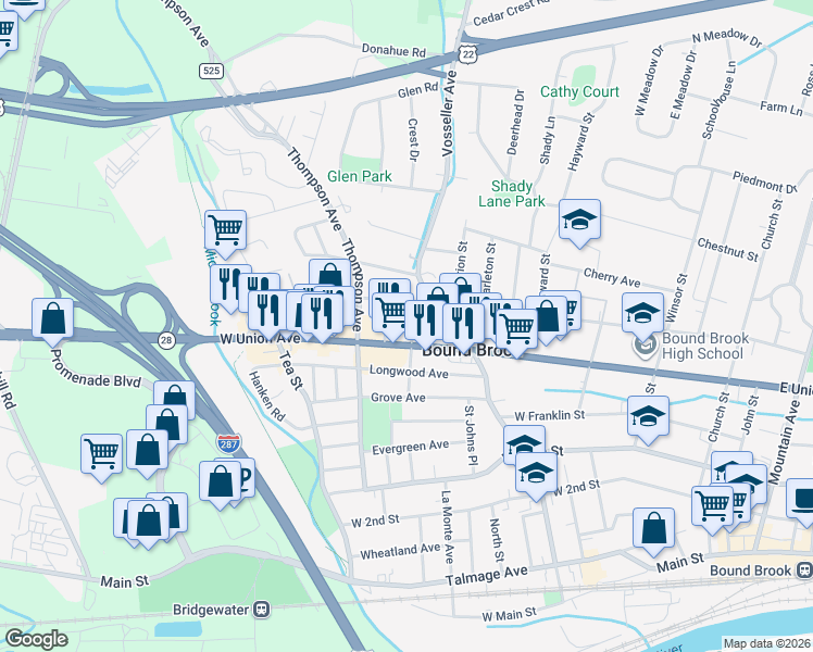 map of restaurants, bars, coffee shops, grocery stores, and more near 414 West Maple Avenue in Bound Brook