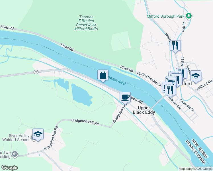 map of restaurants, bars, coffee shops, grocery stores, and more near 1734 River Road in Upper Black Eddy
