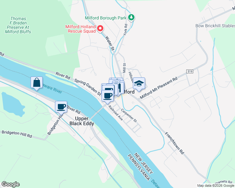 map of restaurants, bars, coffee shops, grocery stores, and more near 59 Honeysuckle Lane in Milford