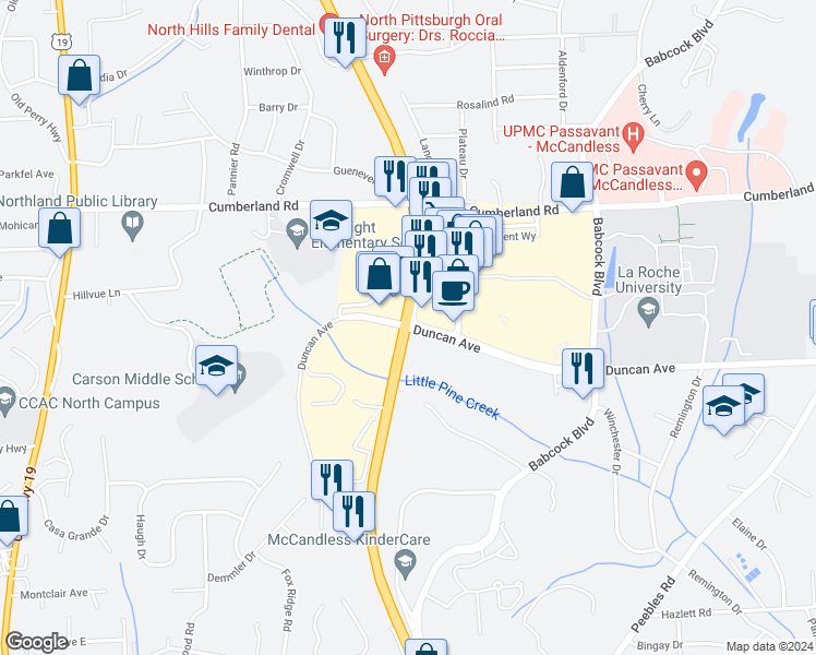 map of restaurants, bars, coffee shops, grocery stores, and more near 103 Duncan Avenue in Pittsburgh