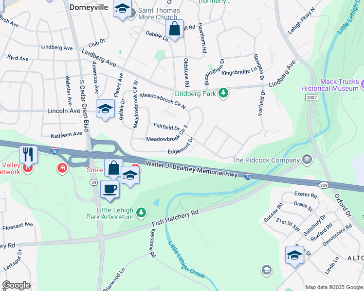 map of restaurants, bars, coffee shops, grocery stores, and more near 2892 Edgemont Drive in Allentown