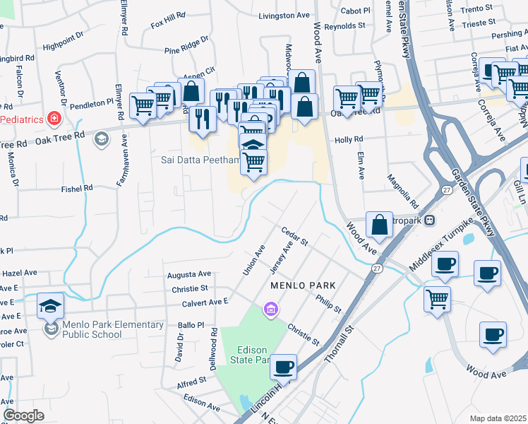 map of restaurants, bars, coffee shops, grocery stores, and more near 82 Cedar Street in Edison