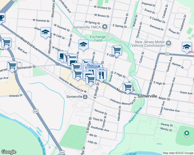 map of restaurants, bars, coffee shops, grocery stores, and more near 21 North Bridge Street in Somerville