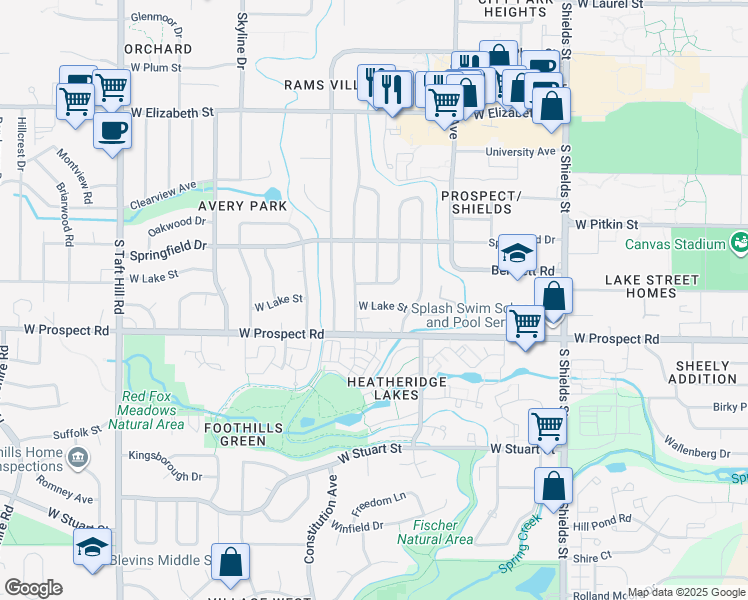 map of restaurants, bars, coffee shops, grocery stores, and more near 1332 Fairview Drive in Fort Collins