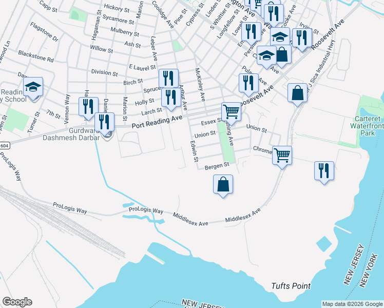 map of restaurants, bars, coffee shops, grocery stores, and more near 45 Edwin Street in Carteret