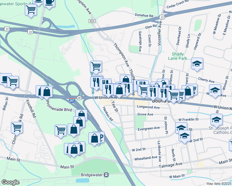 map of restaurants, bars, coffee shops, grocery stores, and more near 72 Codrington Drive in Bound Brook