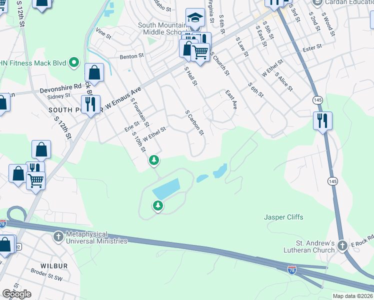 map of restaurants, bars, coffee shops, grocery stores, and more near 2510 South Lumber Street in Allentown