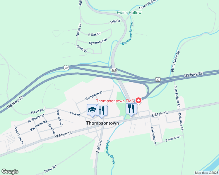 map of restaurants, bars, coffee shops, grocery stores, and more near 257 Evergreen Street in Thompsontown