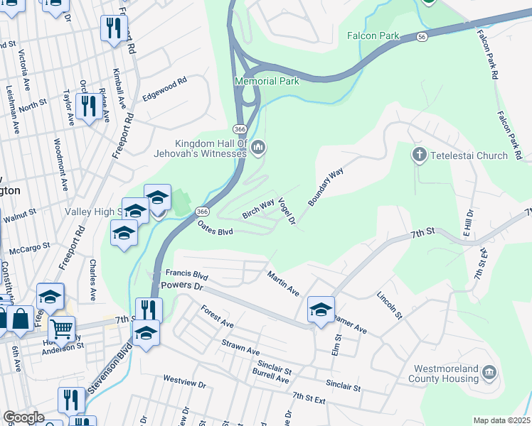 map of restaurants, bars, coffee shops, grocery stores, and more near 503 Birch Way in New Kensington