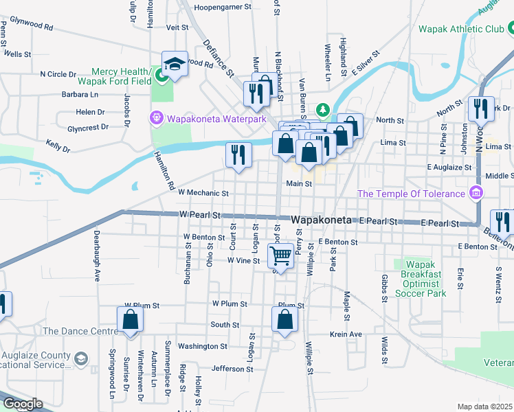 map of restaurants, bars, coffee shops, grocery stores, and more near 303 West Mechanic Street in Wapakoneta