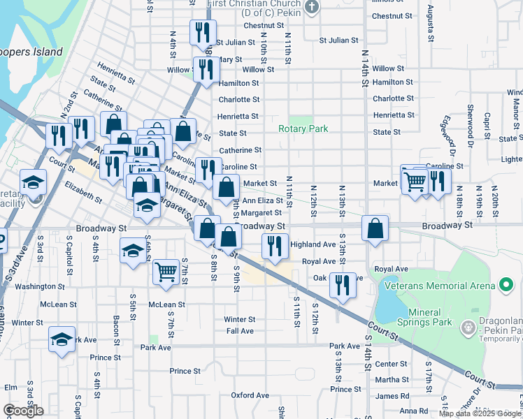map of restaurants, bars, coffee shops, grocery stores, and more near 915 Ann Eliza St in Pekin