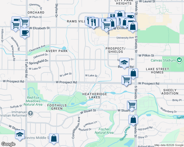 map of restaurants, bars, coffee shops, grocery stores, and more near 1332 Fairview Drive in Fort Collins