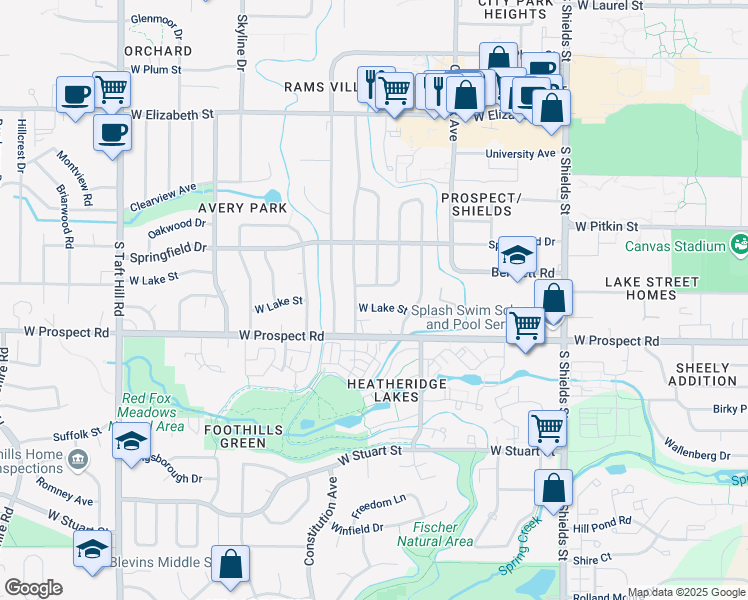 map of restaurants, bars, coffee shops, grocery stores, and more near 1332 Fairview Drive in Fort Collins