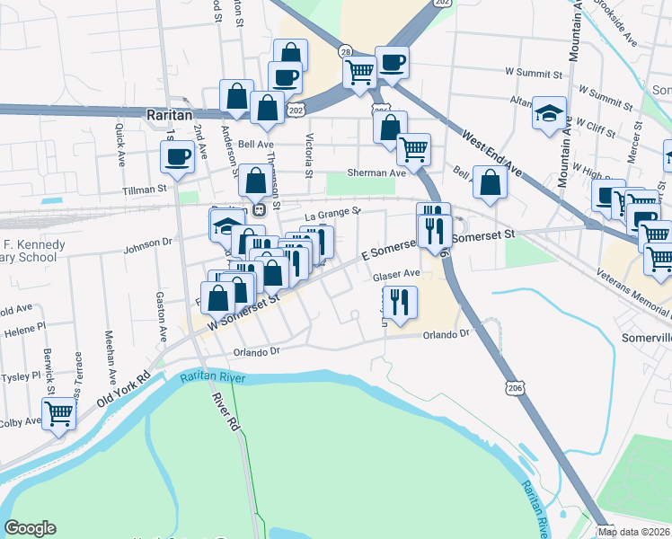 map of restaurants, bars, coffee shops, grocery stores, and more near 5 Codington Street in Raritan