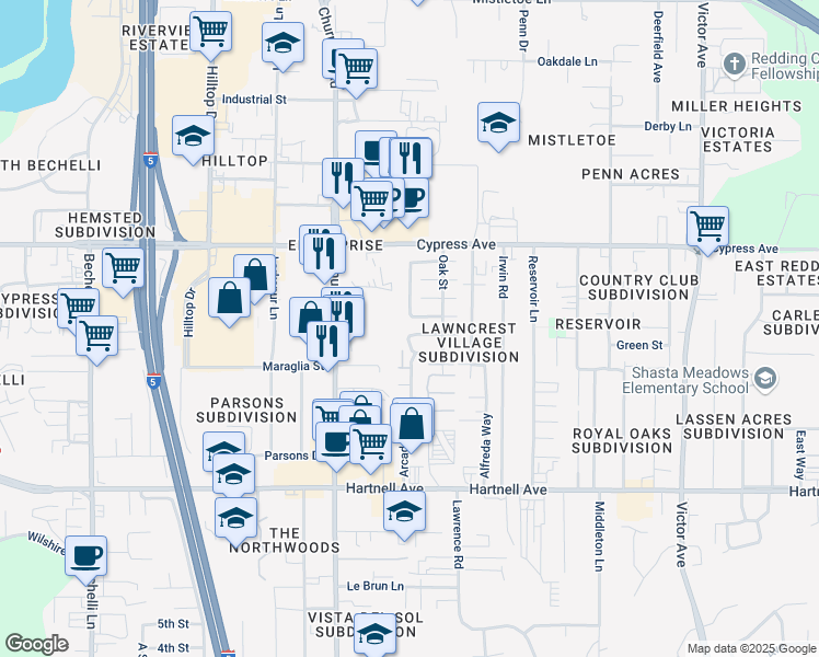 map of restaurants, bars, coffee shops, grocery stores, and more near 1221 East Cypress Avenue in Redding