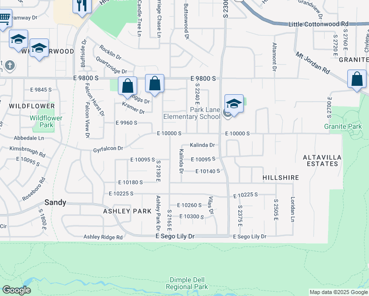 map of restaurants, bars, coffee shops, grocery stores, and more near 10063 Kalinda Drive in Sandy