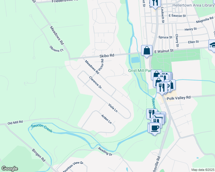 map of restaurants, bars, coffee shops, grocery stores, and more near 1836 Meadows Road in Hellertown