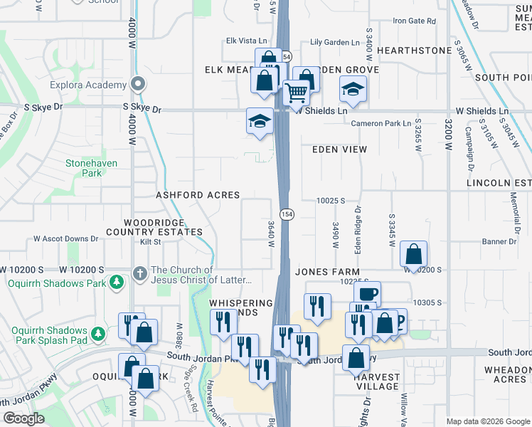 map of restaurants, bars, coffee shops, grocery stores, and more near 3654 Iris Glen Court in South Jordan