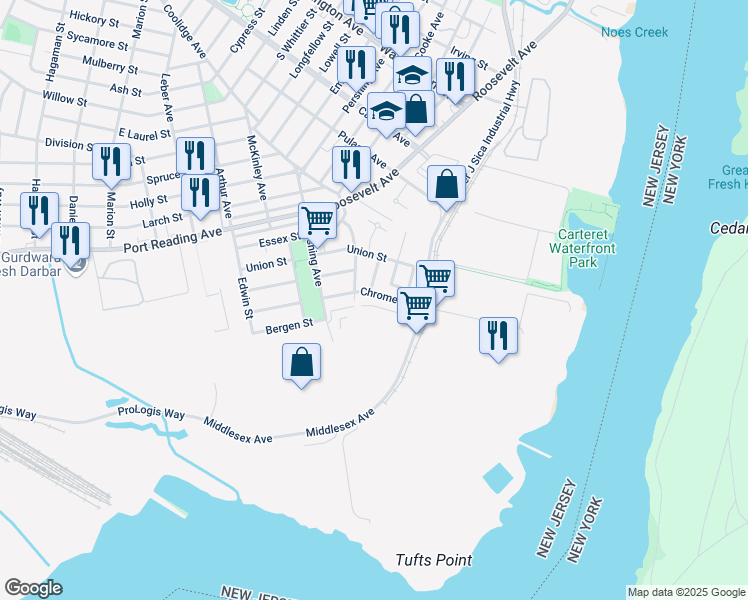map of restaurants, bars, coffee shops, grocery stores, and more near 50 Chrome Avenue in Carteret