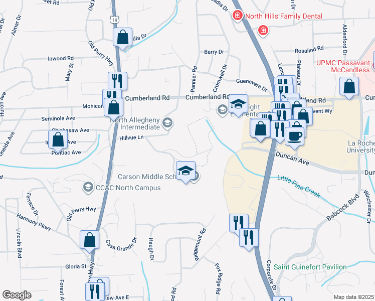 map of restaurants, bars, coffee shops, grocery stores, and more near 200 Hillvue Lane in Pittsburgh