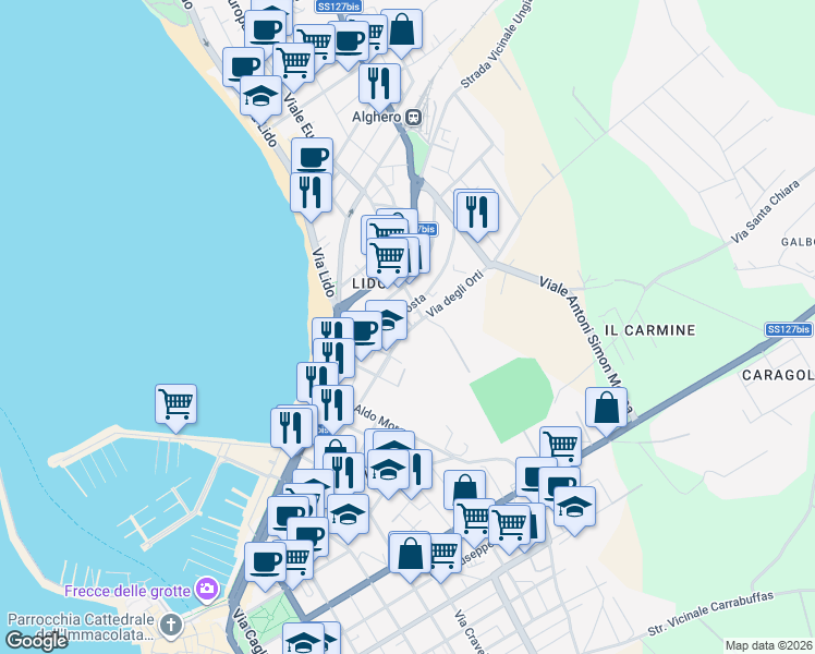 map of restaurants, bars, coffee shops, grocery stores, and more near 128 Via degli Orti in Alghero