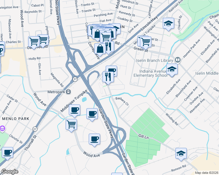 map of restaurants, bars, coffee shops, grocery stores, and more near 37 Gill Lane in Woodbridge Township