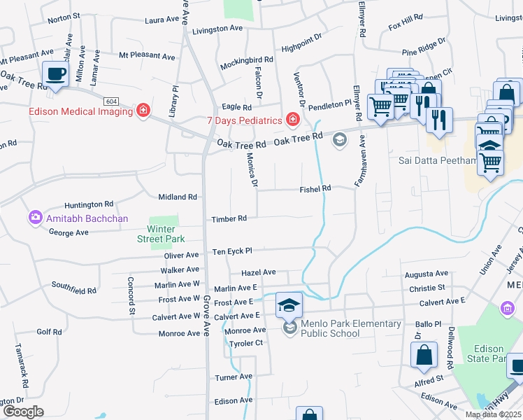 map of restaurants, bars, coffee shops, grocery stores, and more near 3 Monica Drive in Edison