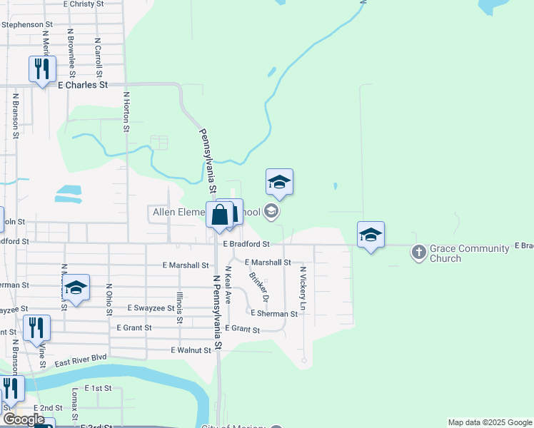 map of restaurants, bars, coffee shops, grocery stores, and more near 1115 East Bradford Street in Marion