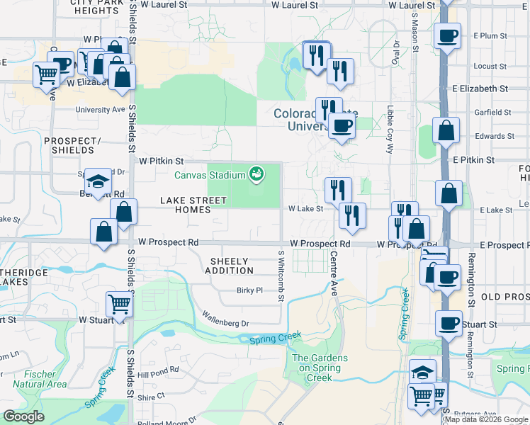 map of restaurants, bars, coffee shops, grocery stores, and more near 619 West Lake Street in Fort Collins