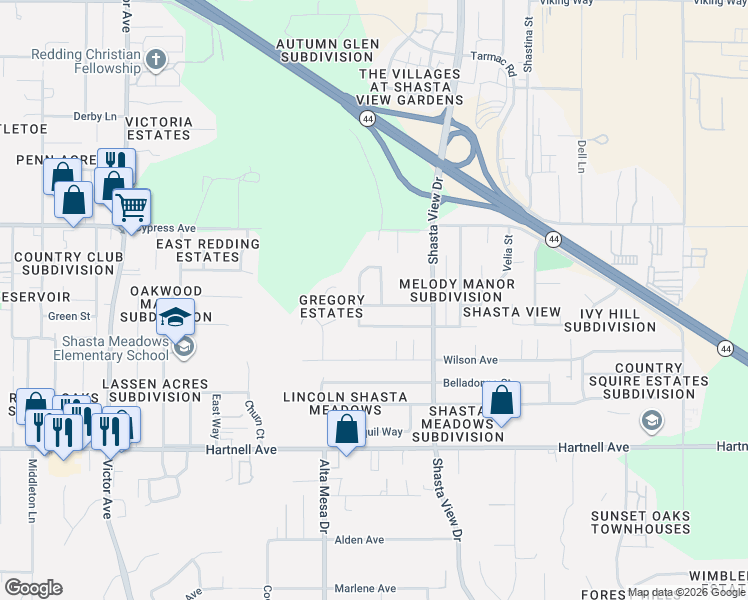 map of restaurants, bars, coffee shops, grocery stores, and more near 2220 Kerry Avenue in Redding